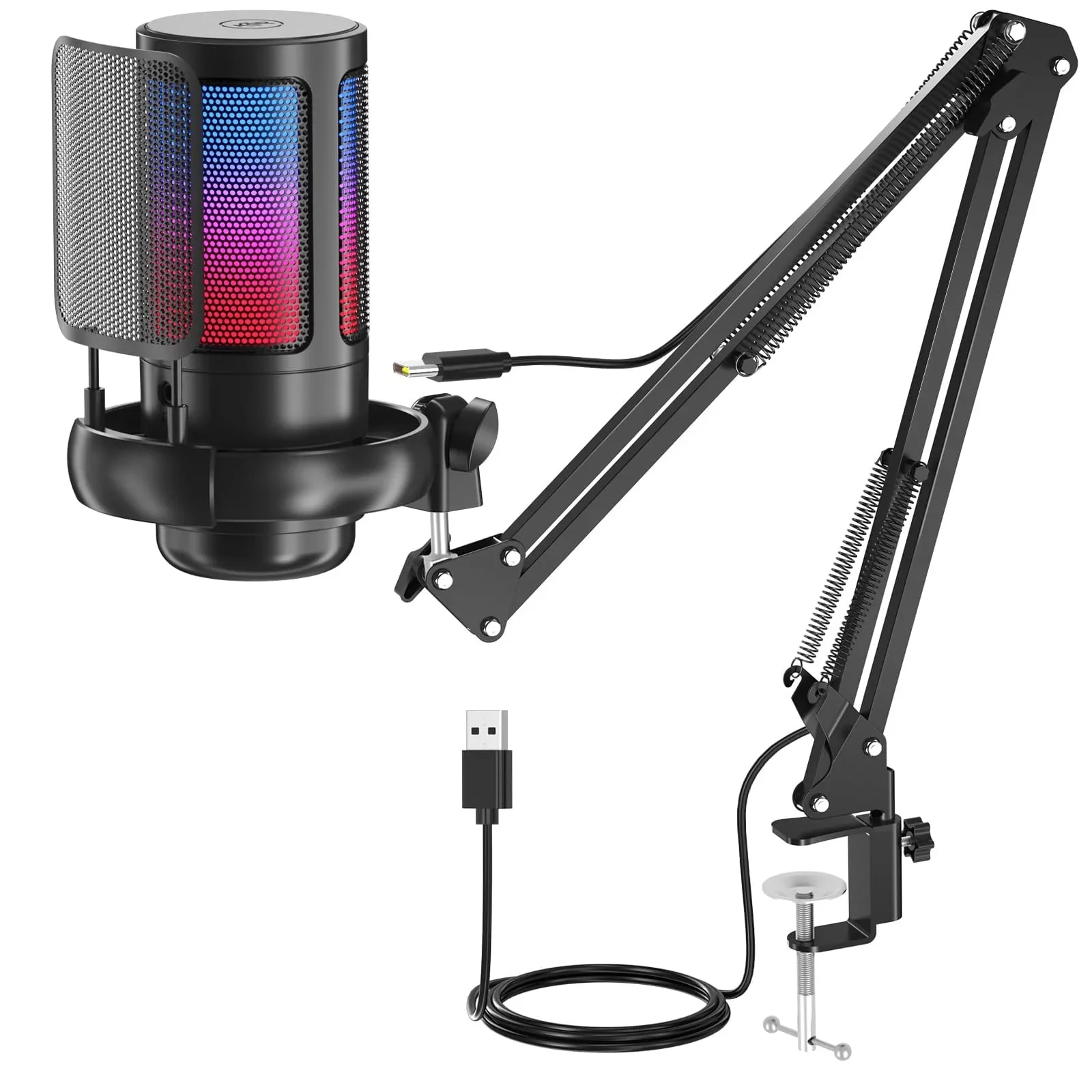 USB Gaming Microphone Kit with Boom Arm, Shock Mount + Pop Filter, RGB, Tap-to-Mute, 192kHz/24-bit Cardioid, 3.5mm Jack, USB-A/USB-C | Velorica