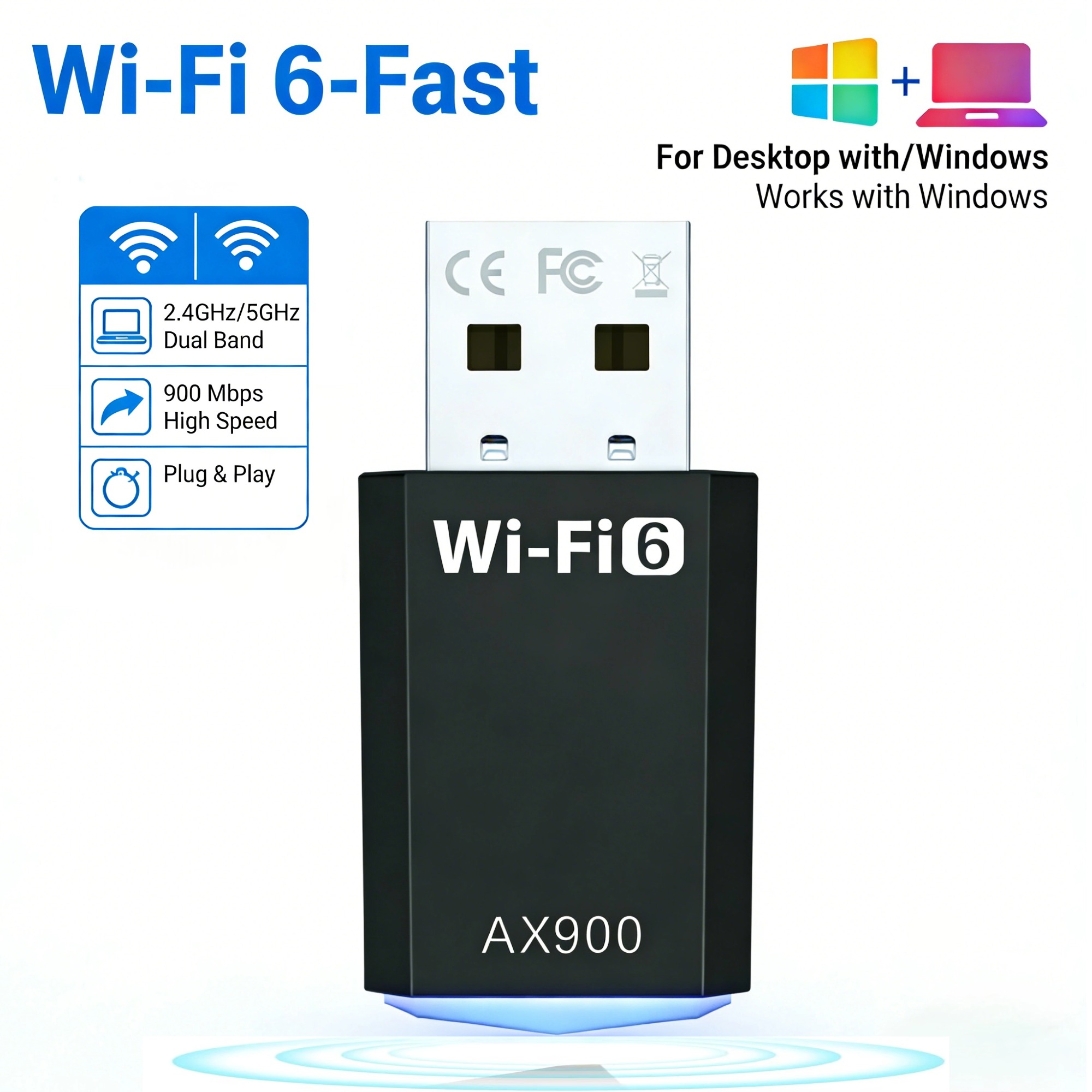 VELORICA Wi-Fi 6 AX900 USB Adapter – Dual Band 2.4 GHz/5 GHz 900 Mbps Plug & Play Wireless Network Dongle for Desktop & Laptop