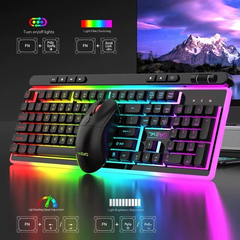 Wireless gaming keyboard and mouse set, one-key multimedia function, glowing charging keyboard set 