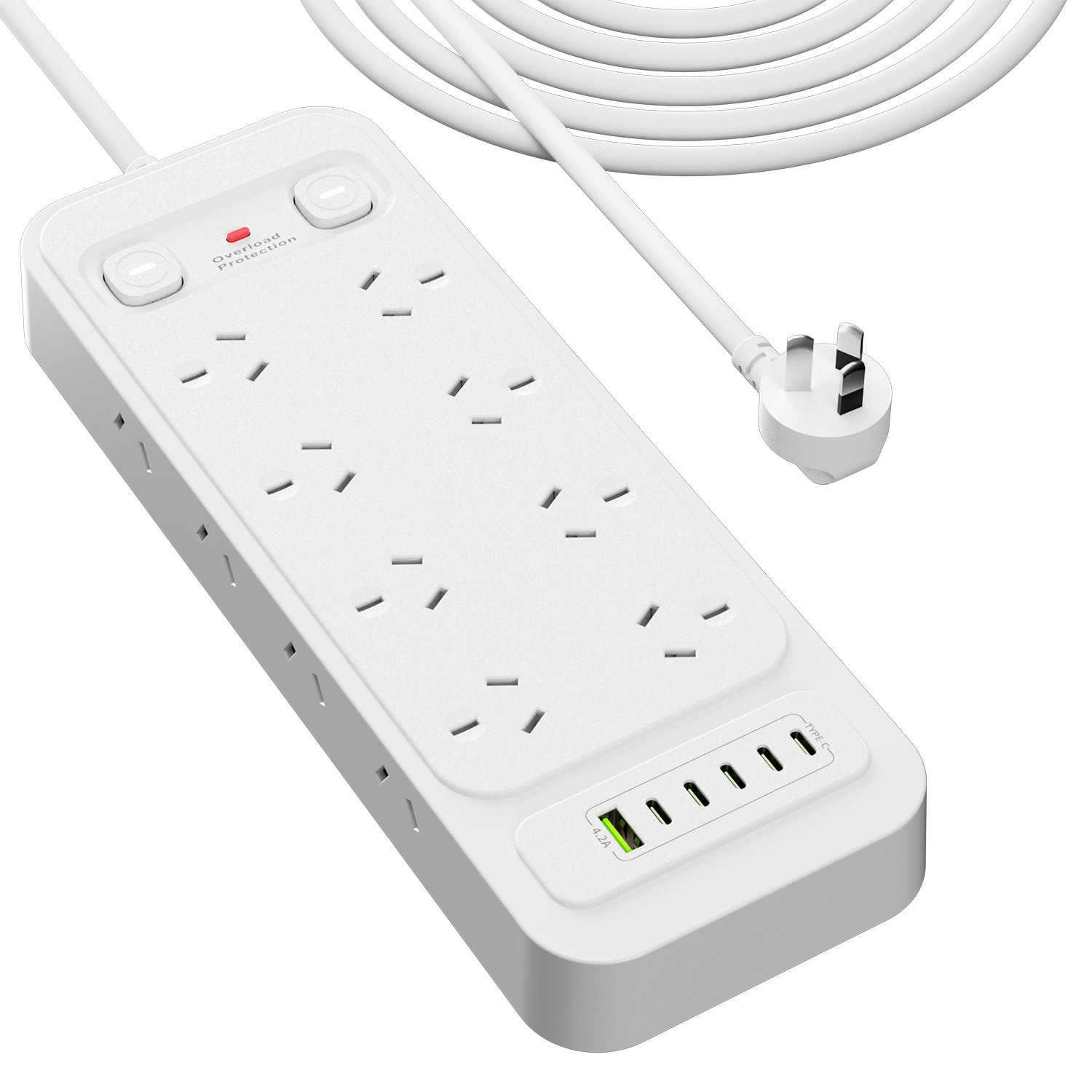 22-in-1 Surge Protected AU Power Board, 16 Outlets with Wide Spacing for Bulky Plugs, 5 USB-C, 1 USB-A, 1.8m Extension Lead, Wall Mountable, White