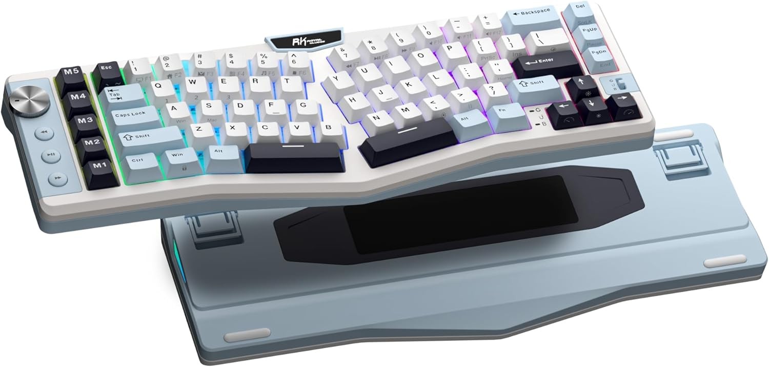 RK ROYAL KLUDGE A72 Alice Ergonomic Wireless Mechanical Keyboard w/Knob/Macro Keys/Touchable Nameplate, Tri-Mode 68% Gasket,Silent Switch, Sky Blue