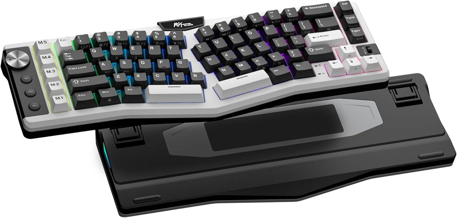 RK ROYAL KLUDGE A72 Alice Ergonomic Wireless Tri-Mode 68% Gasket Mechanical Keyboard w/Knob/Macro Keys/Touchable Nameplate, Silent Switch, Cloudy