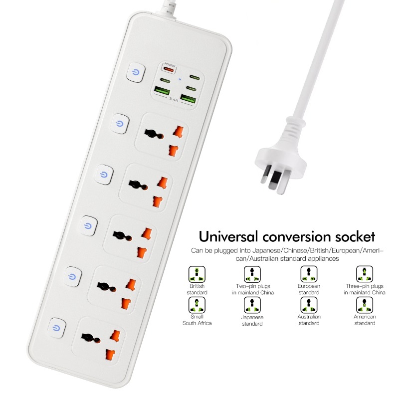 Power Board Individual Switches,1.8M Power Strip with 5 International Universal AC Socket Holes,6 USB Fast Charging,for Home Office White