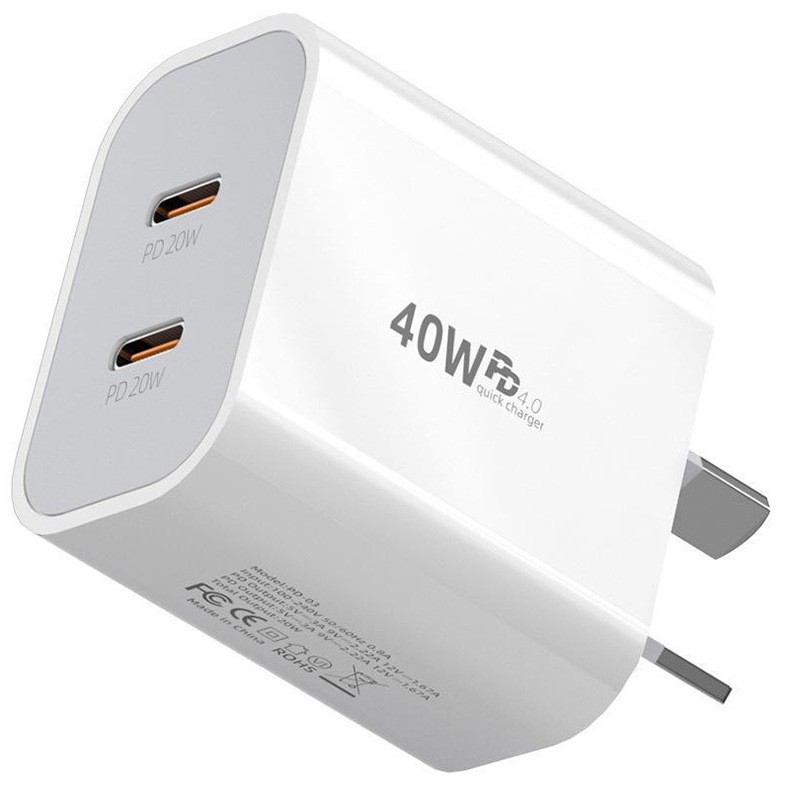 40W Dual USB-C AU Plug PD Fast Charger, 20W+20W for iPhone, Samsung,  Travel Charger