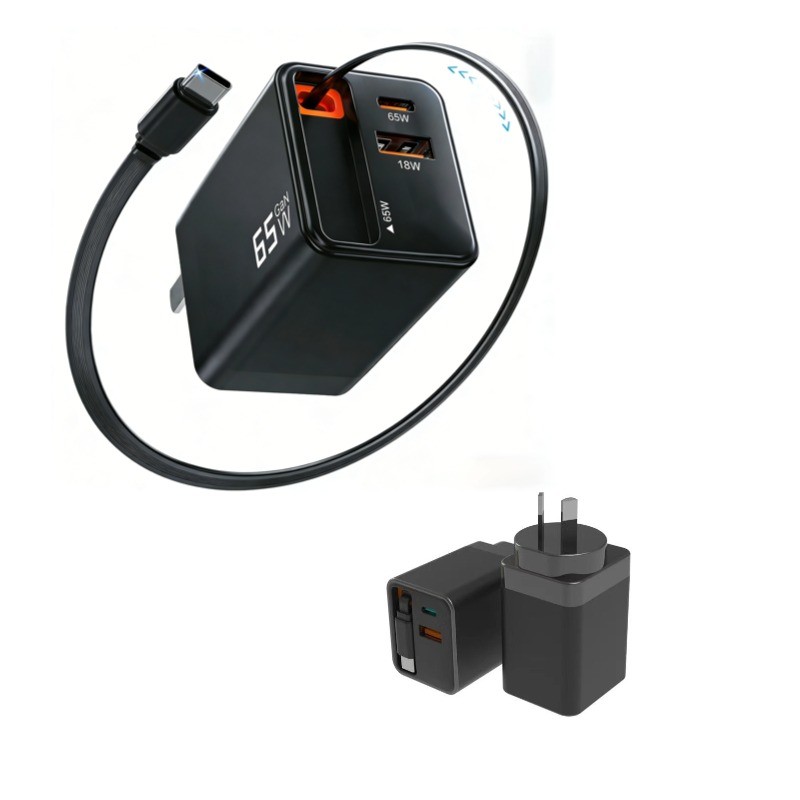 65W GaN USB-C Charger, 3-Port Retractable Fast Charger AU Plug, PD Travel Adapter for iPhone, MacBook, Galaxy, iPad & Phones