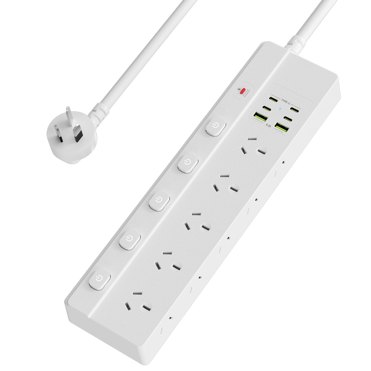 16-in-1 Power Board with Individual Switch, 10 AC Outlets, 4 USB-C & 2 USB-A, Surge Protection, 1.8M Cord, Power Strip for Home & Office-White