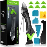Caulking Tool 5 in 1 Silicone Caulking Grout Removal Sealant Finishing Tool with Grout Scraper, 6 Exchange Silicone Pads, Adhesive Residue Scraper Sea