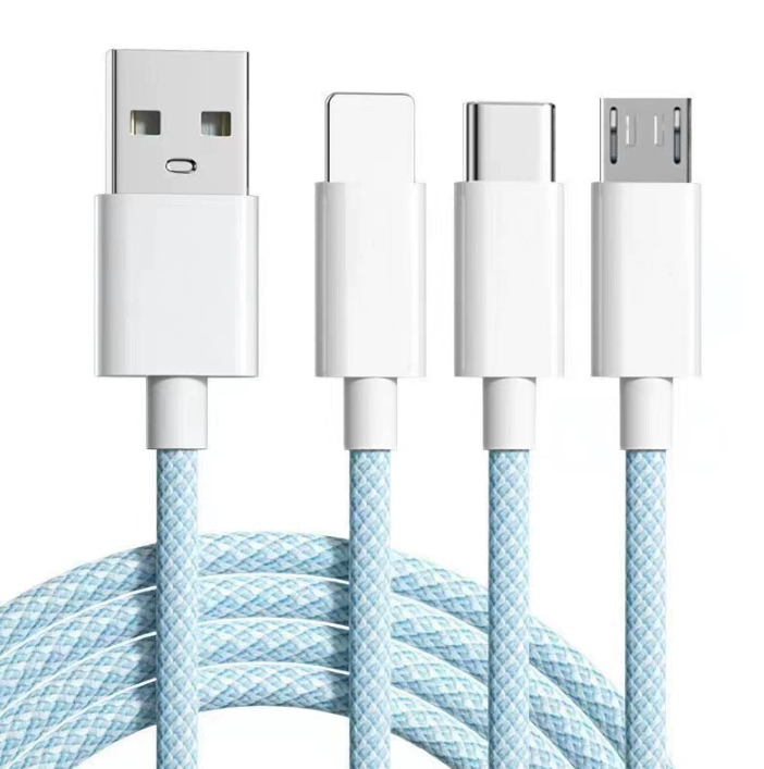 VRORKV 66W 3-in-1 Fast Charging Cable, USB to Type-C/Lightning/Micro-USB Nylon Braided Multi Charger Cable 1.2M（Sky Blue）