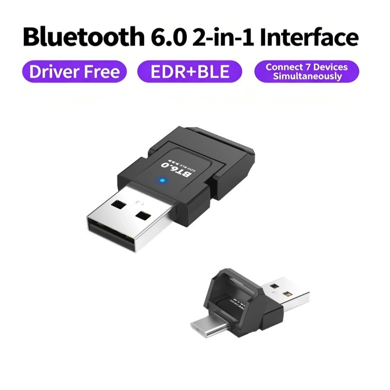 Bluetooth 6.0 USB Adapter for PC Windows 11 10 8.1 7, BLE EDR Dual Mode, 2dBi Antenna, Connect 7 Devices, High Fidelity Audio, Plug & Play
