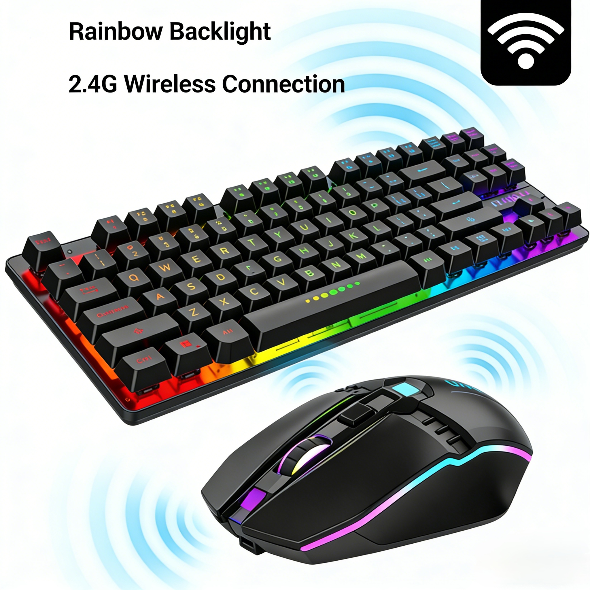 87-Key 2.4G Wireless Gaming Keyboard and Mouse Combo, Rechargeable Rainbow LED Backlit, Mechanical Feel, USB Receiver, for PC Laptop Black | VELORICA