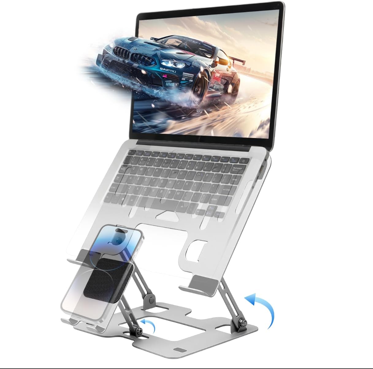 2-in-1 Foldable Laptop Stand with Phone Holder, Ergonomic Adjustable Computer Riser for Desk, Carbon Steel Desktop Stand for 10-15.6" Laptops, Black