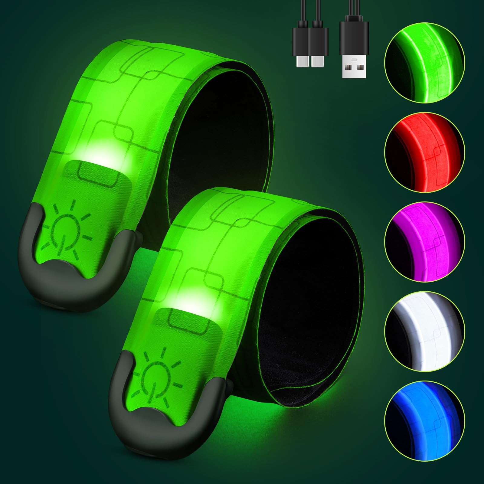 Rechargeable LED Armbands 2 Pack, High Visibility Safety Lights with 5 Colours and 3 Modes for Night Running, Walking and Cycling