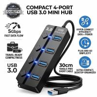 USB Hub 3.0, 4-Port High-Speed Splitter 30cm, USB Expansion Hub for Laptop/Desktop/PC, Black