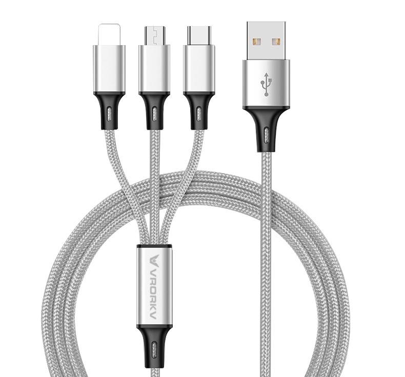 3-in-1 Multi Fast Charging Cable 1.2M Nylon Braided Universal Phone Charger Cord Silver (VRORKV)