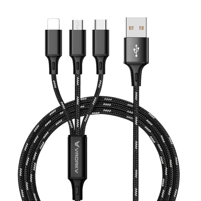 3-in-1 Multi Universal Charging Cable 1.2M Nylon Braided USB-A to Type-C/Lightning/Micro Pattern (VRORKV)