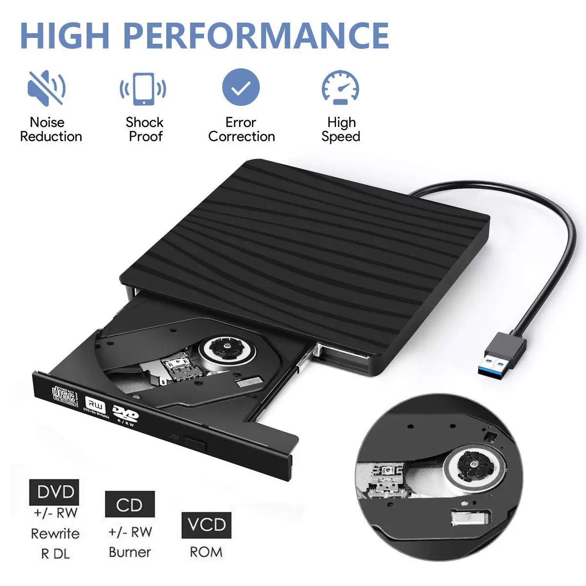 USB3.0 Type C Ultra Slim External DVD Burner High Speed Reader Player Compatible with Desktop Laptop 