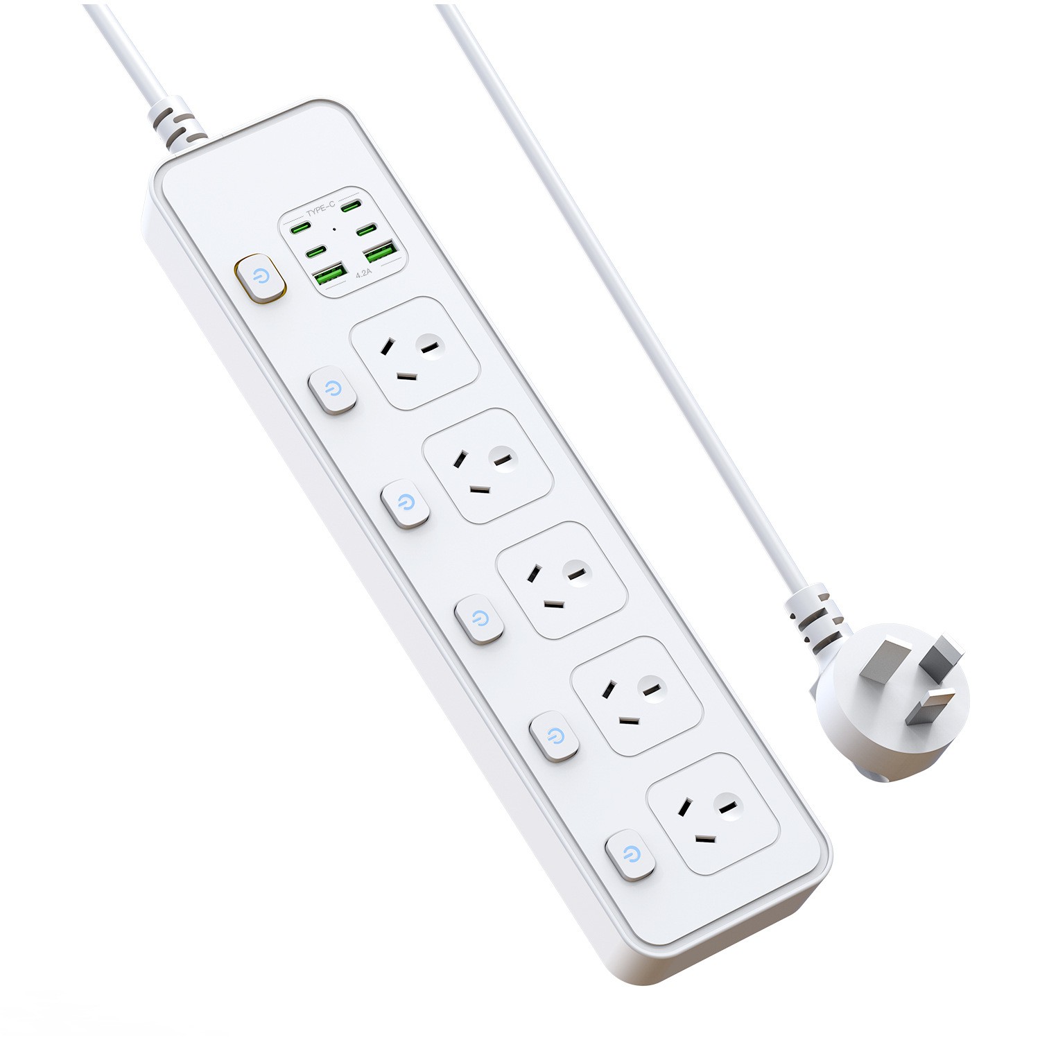 2M Individual Switched Surge Protected Power Board | 5 AC +2 USB-A+4 USB-C Wall Mount Power Strip, White Home Office Dorm Use