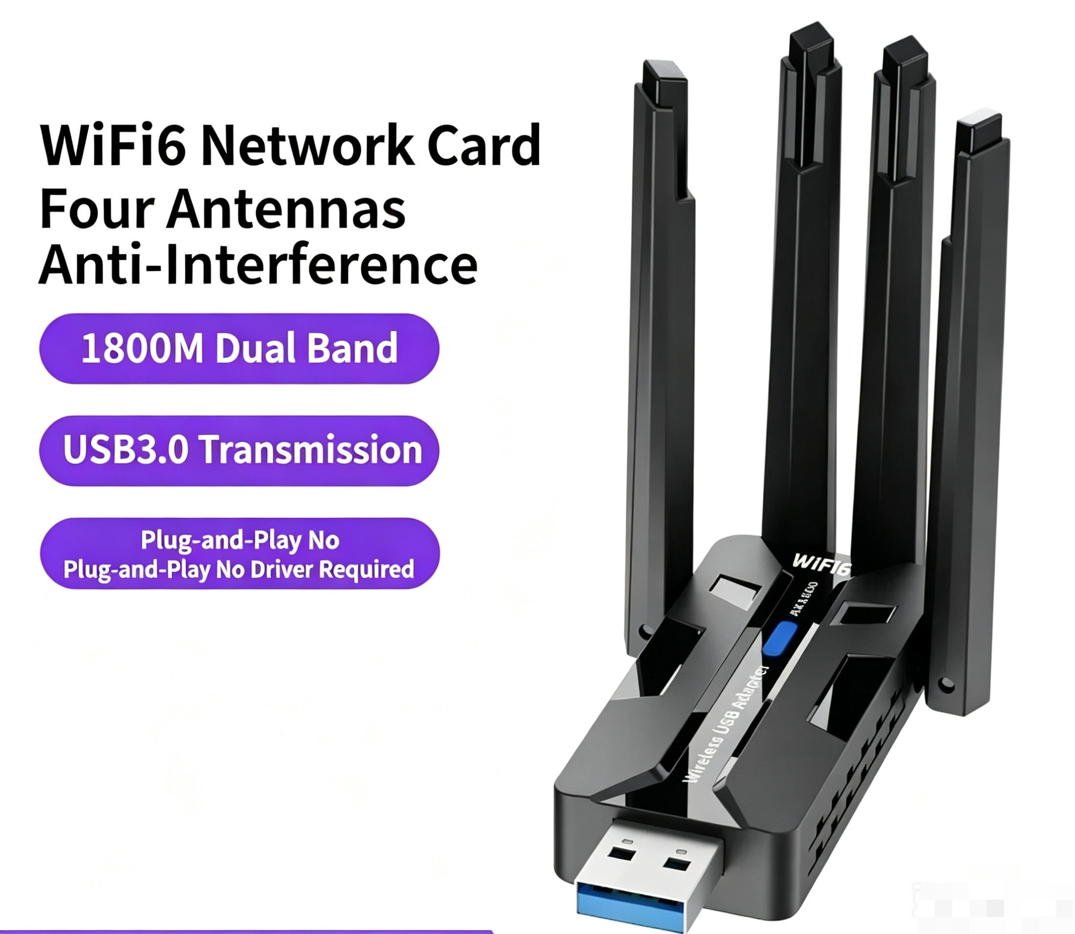 AX1800 Wi-Fi 6 USB 3.0 Dual Band Wireless Adapter  Driver-Free Plug & Play 4-Antenna WiFi Network Receiver Transmitter for 