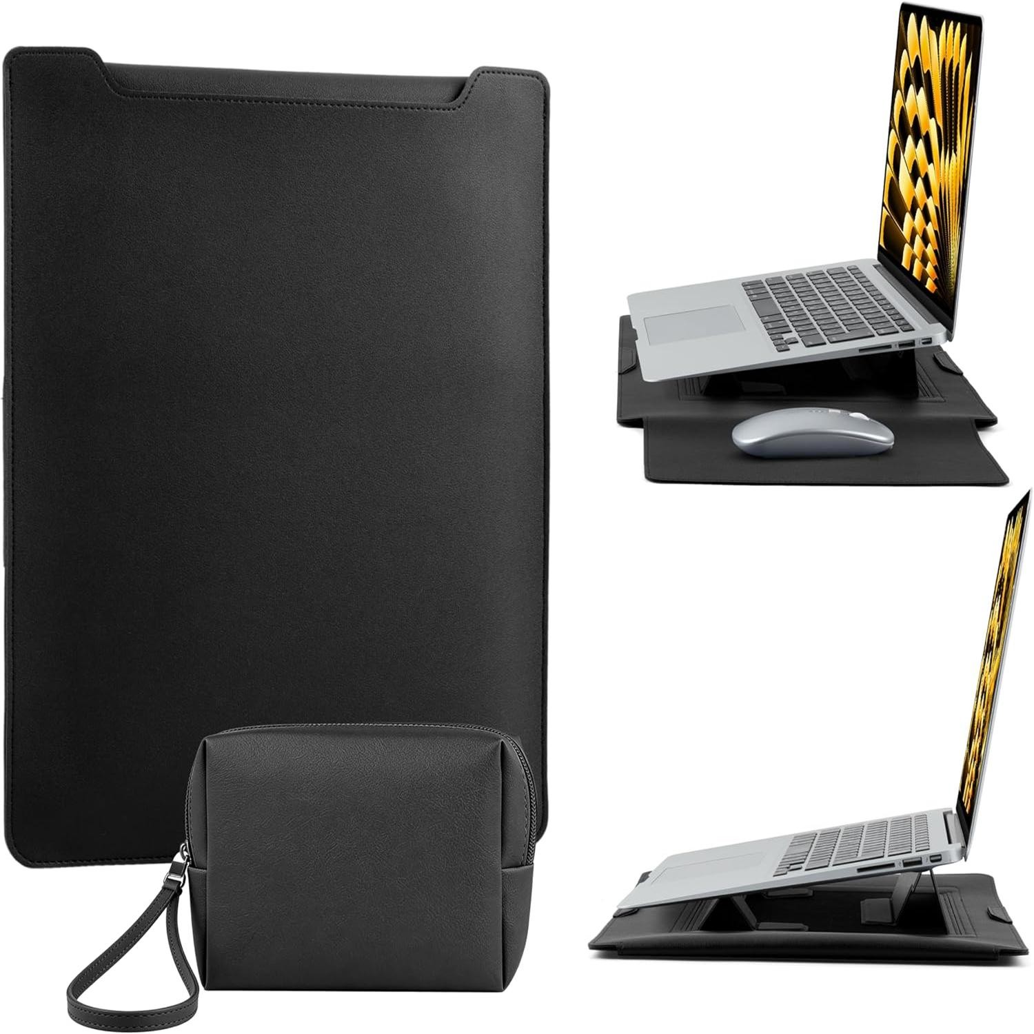 15-16 Inch Waterproof PU Leather Laptop Sleeve with Stand, Protective Case for MacBook Air/Pro, iPad, HP Dell Surface Laptops, Black