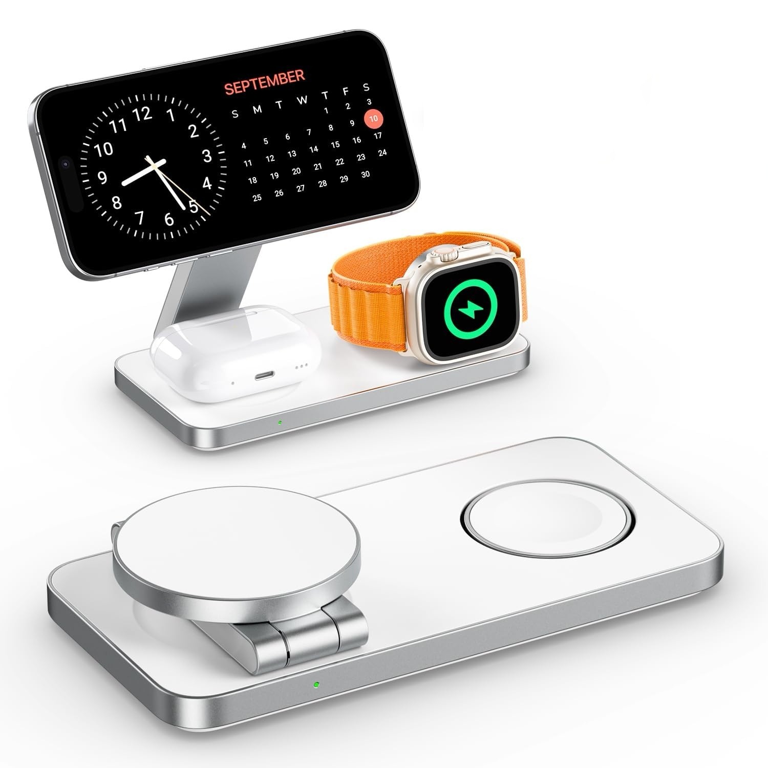 Foldable 3-in-1 MagSafe Wireless Charging Station 15W Qi Aluminium Dock for iPhone Apple Watch AirPods White