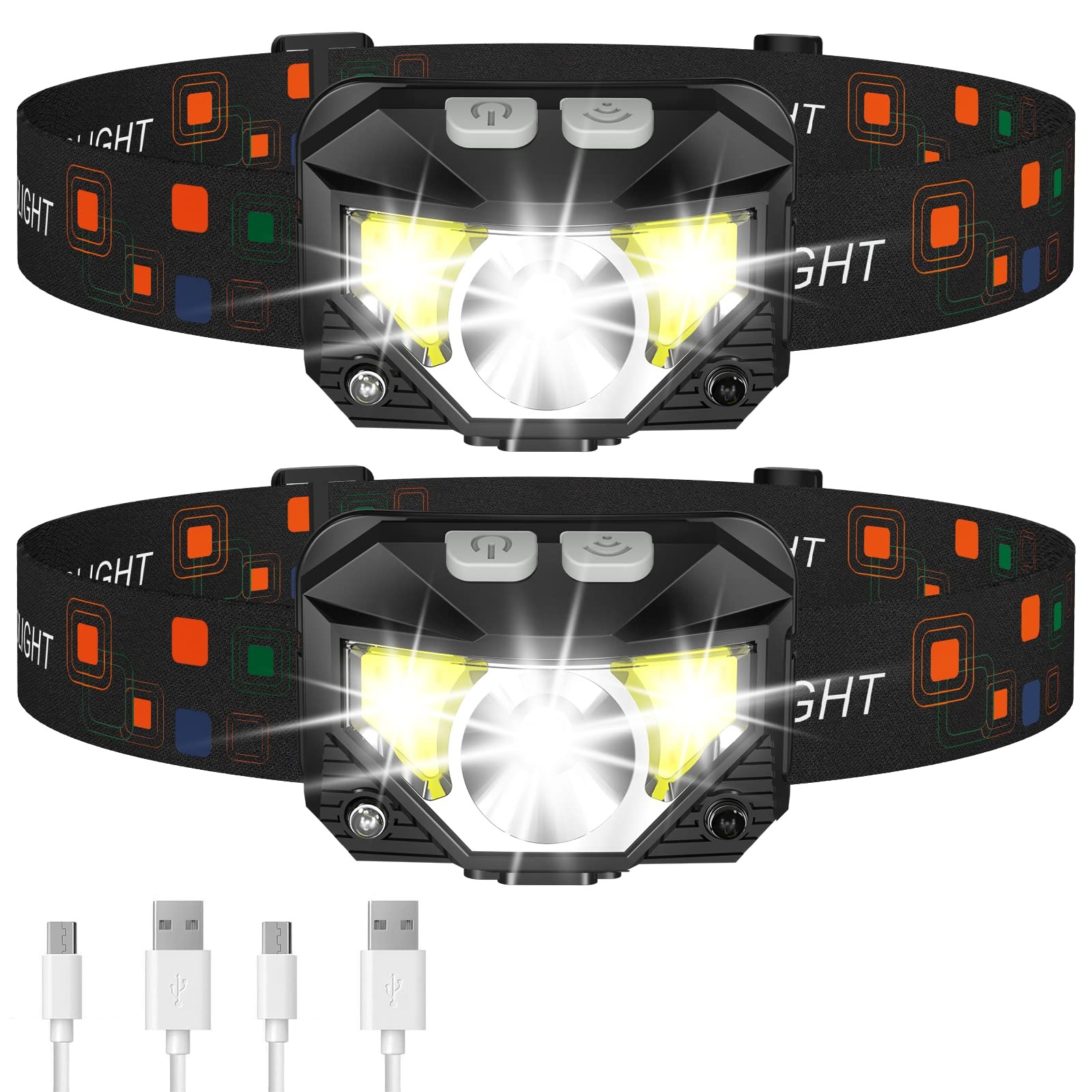Head Torch Rechargeable, 2 Pack Super Bright Headlamp-8 Modes Lightweight Headlight with Red Warning Lights,Sensor Control,Stepless Dimming,Waterproof