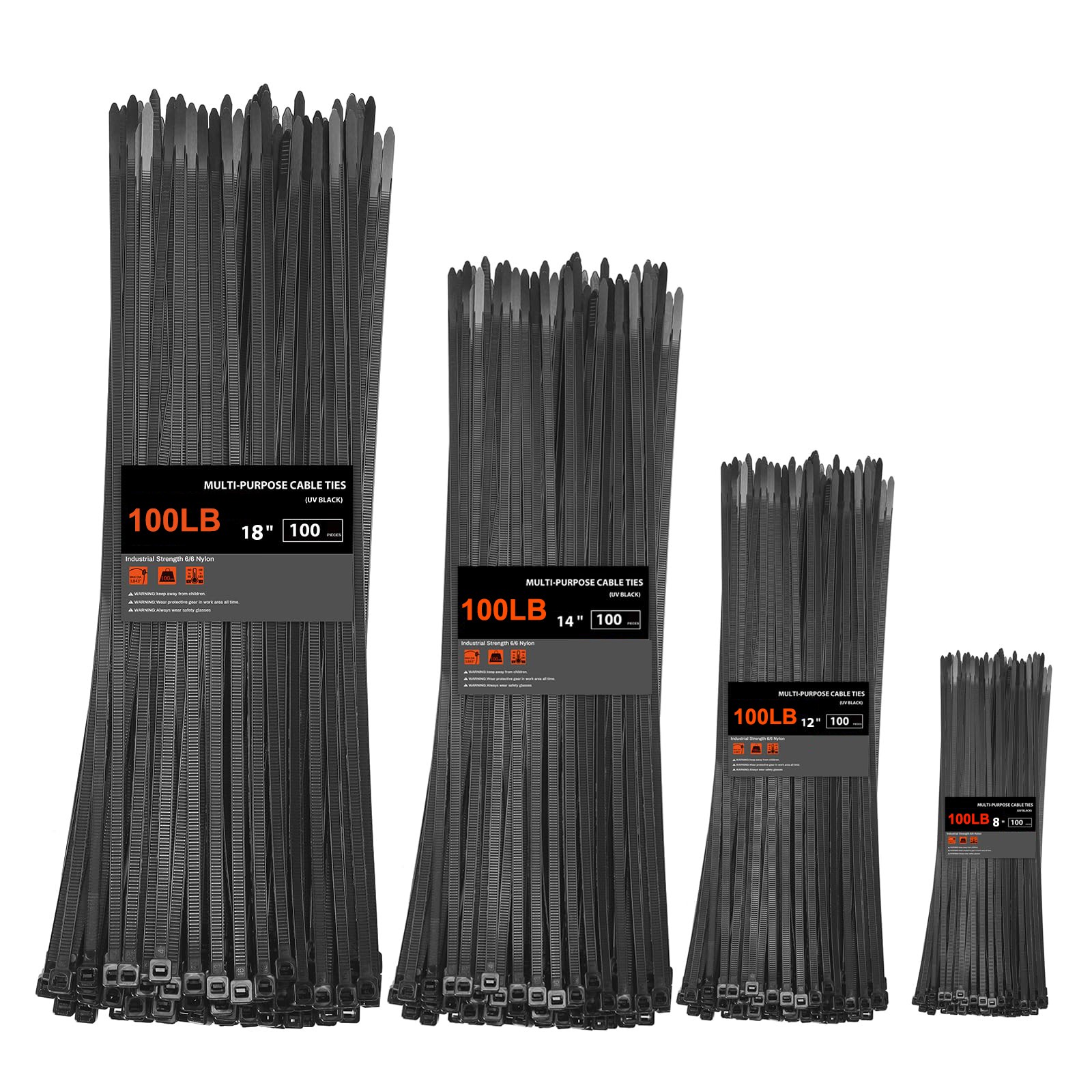 Heavy Duty Zip Ties Assorted Sizes 8+12+14+18 Inch 400 Pack, 100lb Tensile Strength Cable Ties, Self-Locking Nylon Wire Ties, Adjustable UV Resistant 