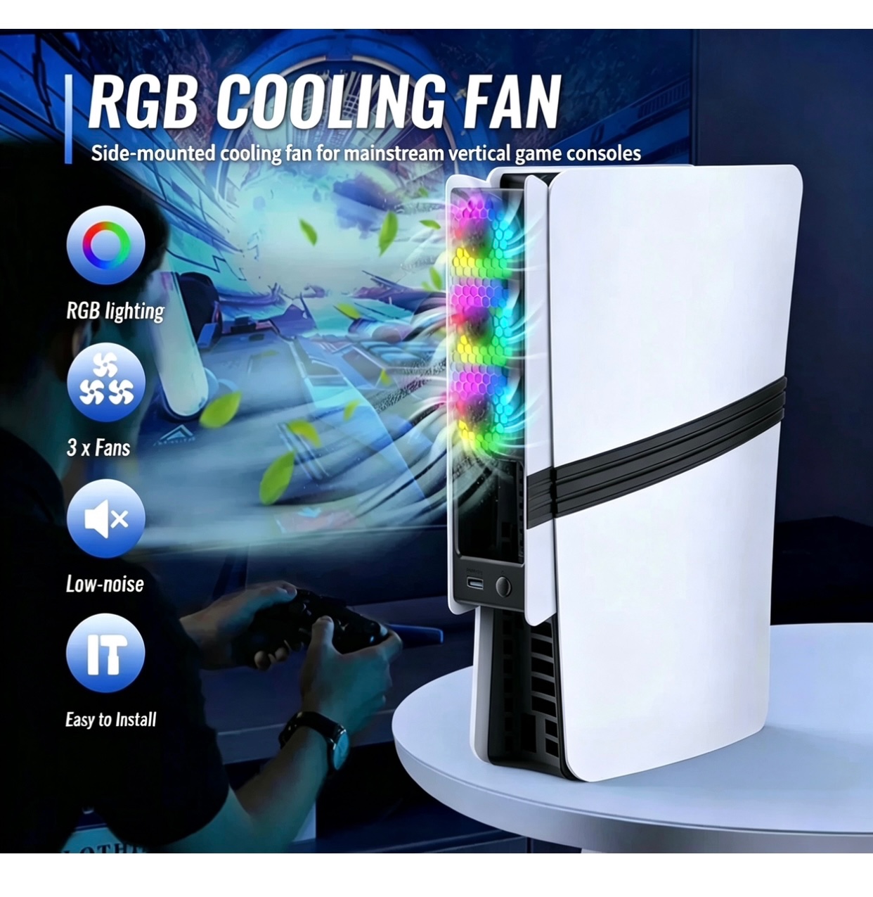 RGB Cooling Fan for PS5 Pro / PS5 Slim - Smart Temperature Control Back Cooling Fan with RGB LED Light