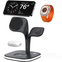 3-in-1 Magnetic Qi Wireless Charger Stand LED Night Light Multi Charging Dock for iPhone Apple Watch AirPods Black
