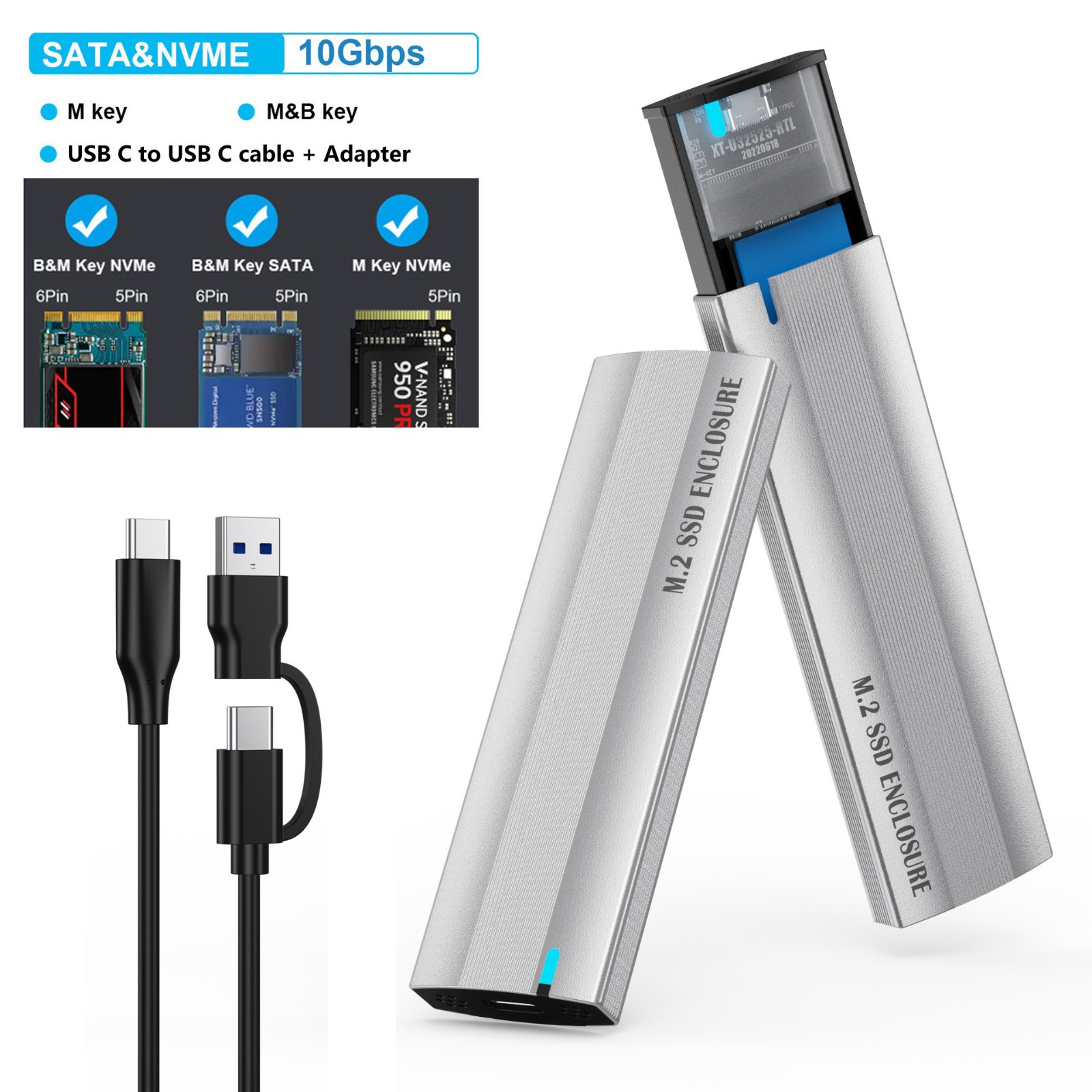 10Gbps M.2 SSD Enclosure, Supports NVMe & SATA M/B&M Key, Aluminium Tool-Free External SSD Case for 2230/2242/2260/2280 | Augearix