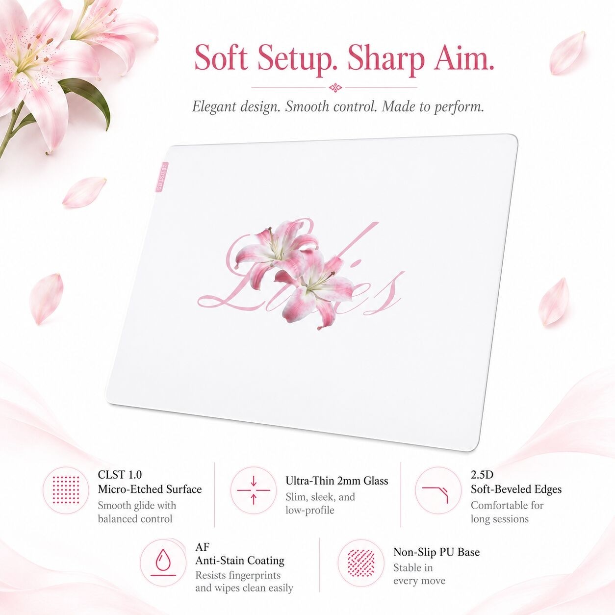 CLUSTRS White Lilies Tempered Glass Gaming Mouse Pad 400 x 300 x 2mm