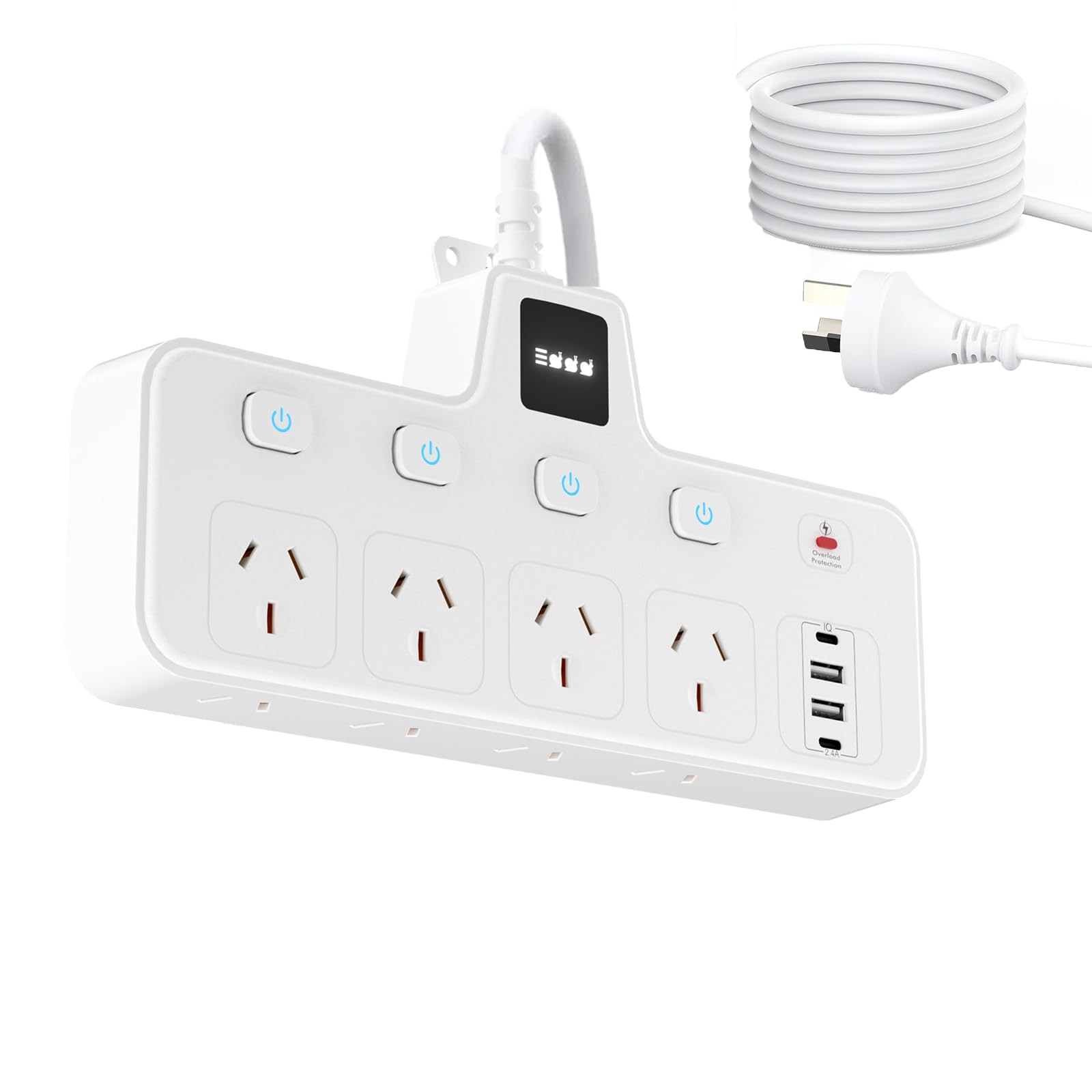 2M AU Power Strip, 12-in-1 Surge Protected, Individual Switches, RGB Touch Night Light, USB-A USB-C, 2500W - White | Augearix