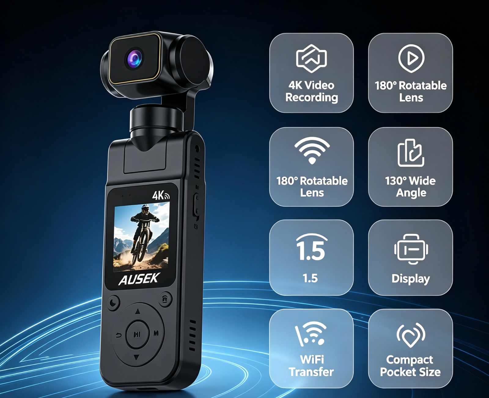 4K Handheld Pocket Vlog Camera, 180° Rotatable Lens 130° Wide Angle Outdoor Action Cam with 1.5" LCD Screen for Travel Cycling Recording