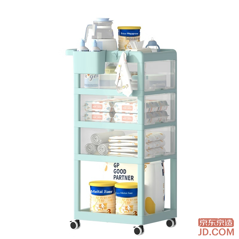 JD Baby Storage Cart Stroller, Infant Item Organizer Rack, Snack Shelf, Baby Drawer Cabinet 4 Layers