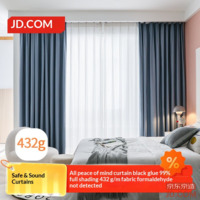 JD Black Vinyl Light Blue Curtains 99% Full Blackout for Bay Windows, Bedroom Sunshade Hook Style W3*H2.7m